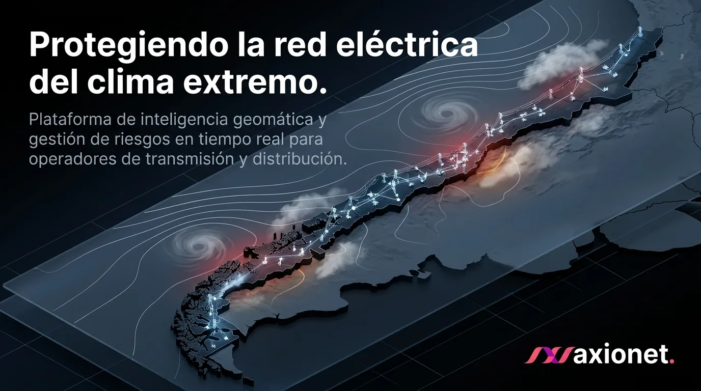 ElecOps: mapa 3D de la red eléctrica de Chile con peligros climáticos (incendios, tormentas) superpuestos en tiempo real